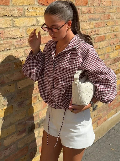 Nicole Plaid Drawstring High Neck Jacket