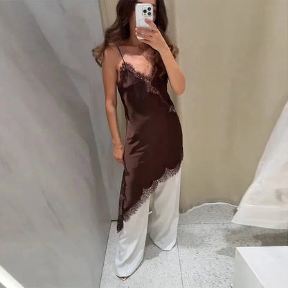 Gemma Asymmetric Satin Lace Midi Dress