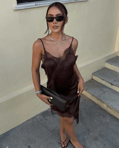 Gemma Asymmetric Satin Lace Midi Dress