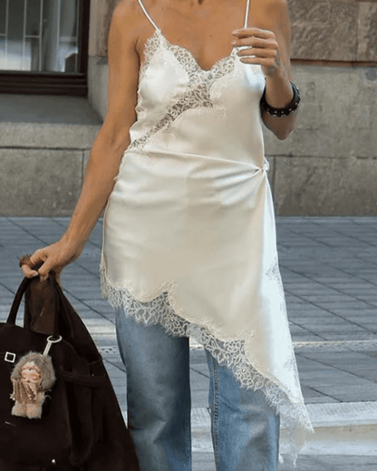 Gemma Asymmetric Satin Lace Midi Dress