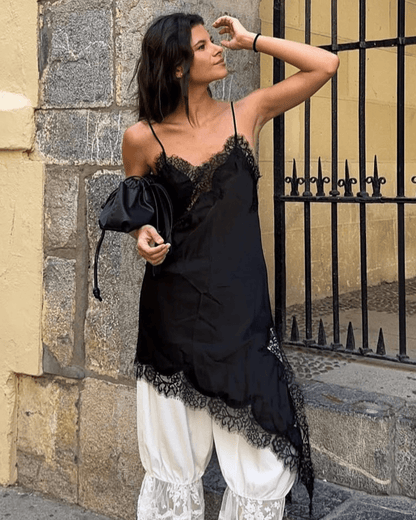 Gemma Asymmetric Satin Lace Midi Dress