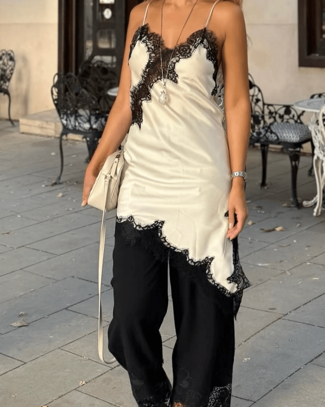 Gemma Asymmetric Satin Lace Midi Dress