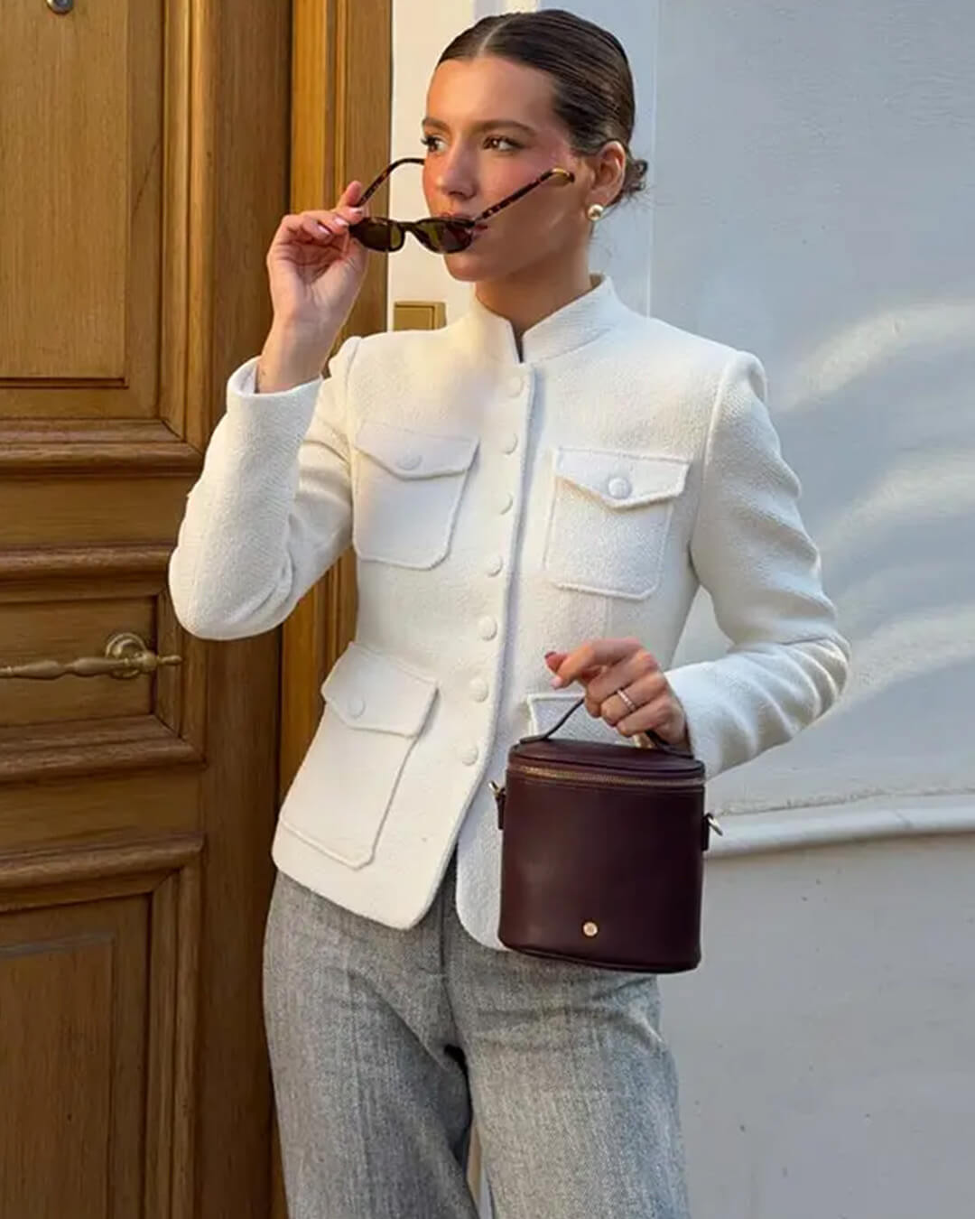 Angela Stand Collar Flap Pockets Blazer