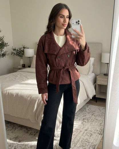Miriam Funnel Neck Faux Suede Belted Jacket