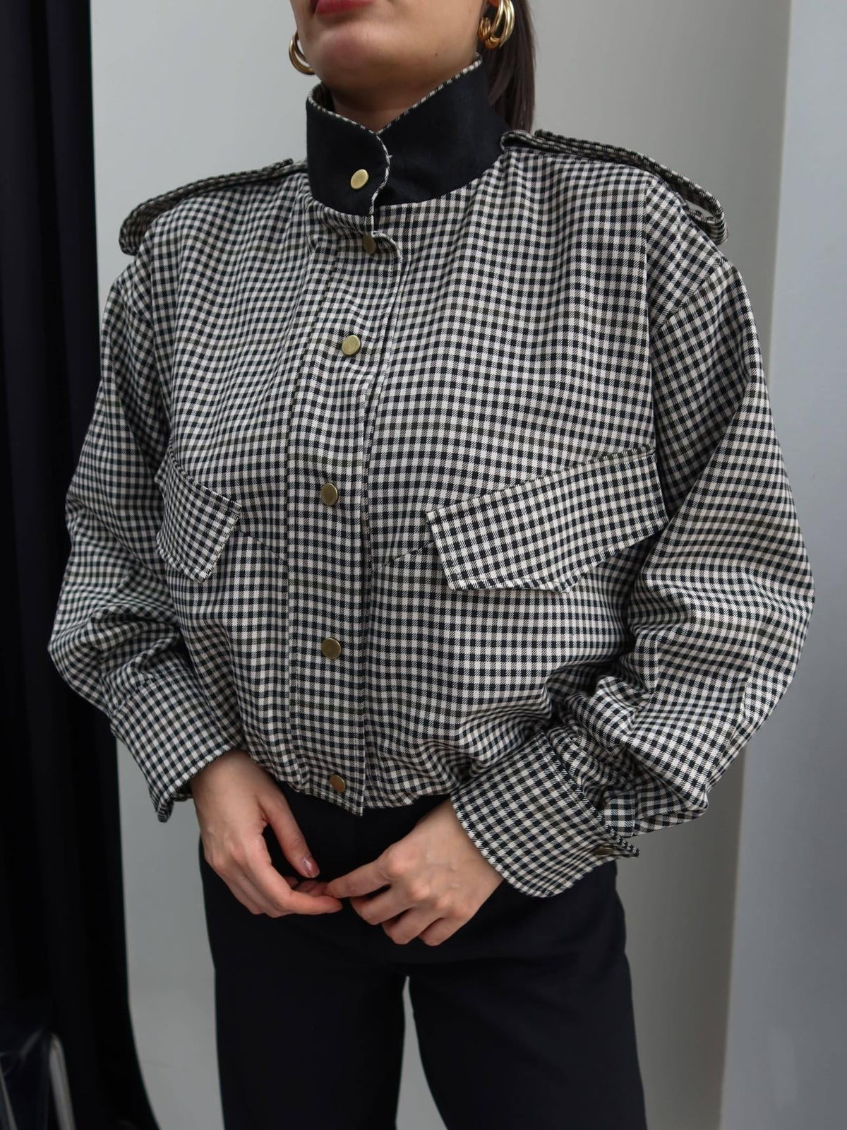 Emma High Neck Checked Bomber Jacket