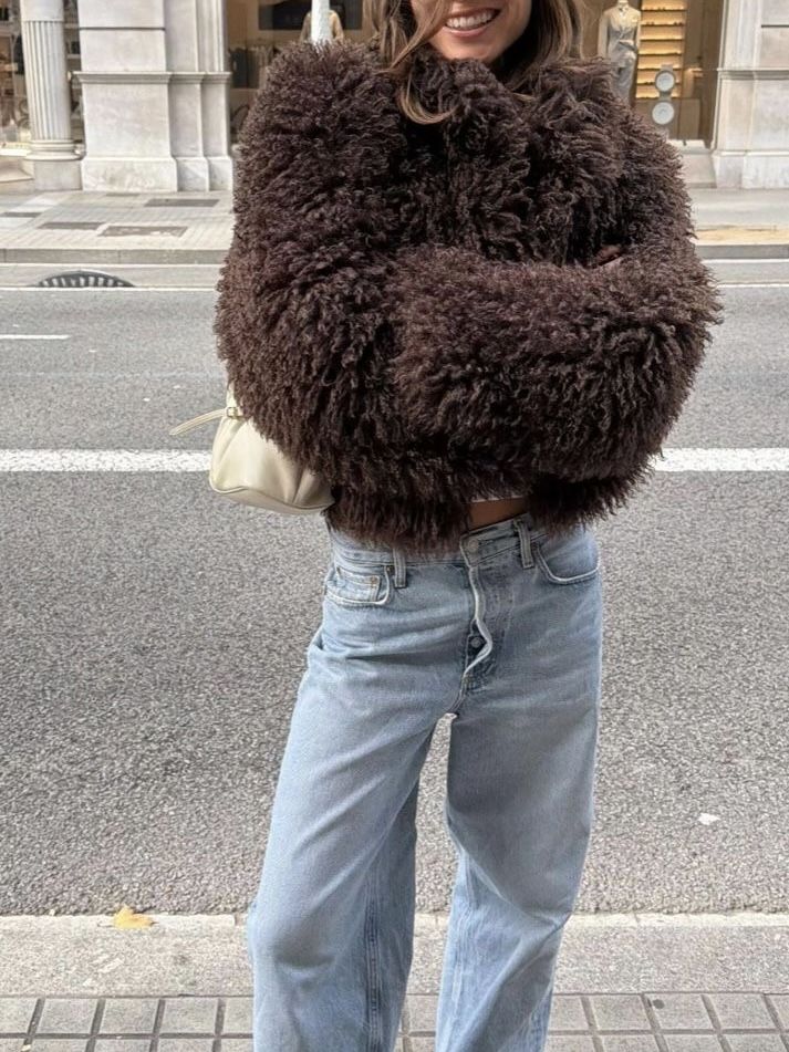 SOKYND Priscilla Fuzzy Faux Fur Coat in Brown