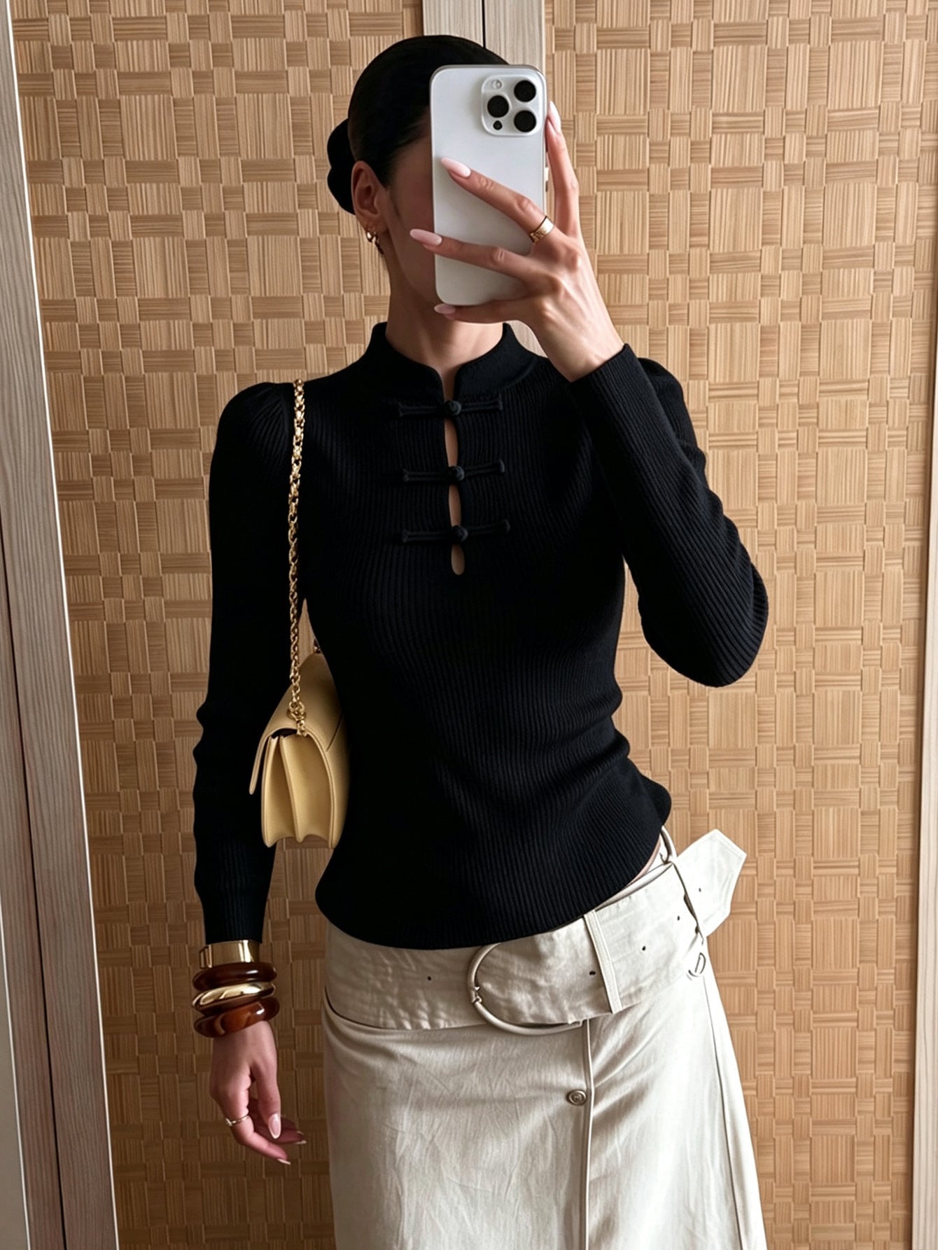 Naomi Mandarin Collar Ribbed Knit Top