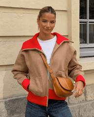 Cardigan Anne color block con ampio colletto a coste