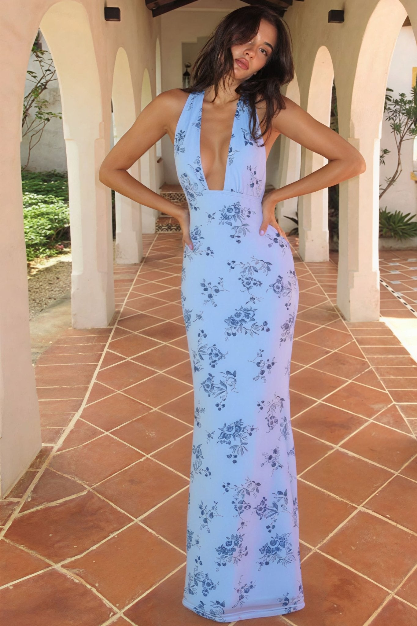 SOKYND Ava Floral Deep V - Neck Maxi Dress DressesdS1774526245048836391BlueS