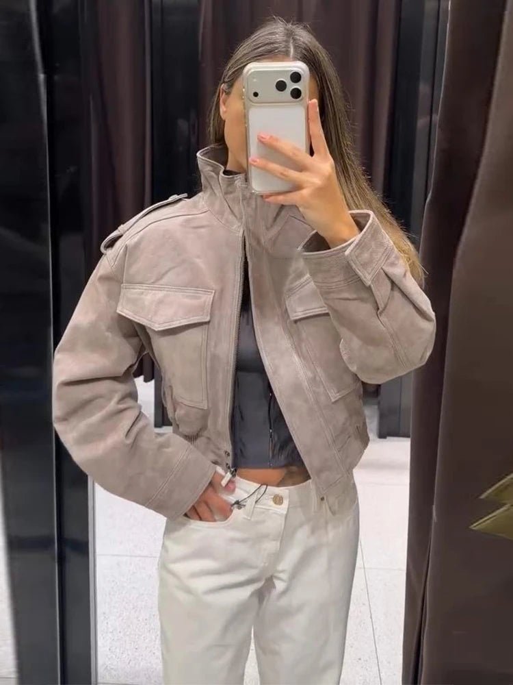 SOKYND Ava Suede Cropped Stand Collar Jacket JacketSOKYND-822167-GRE-M-49463GreyM