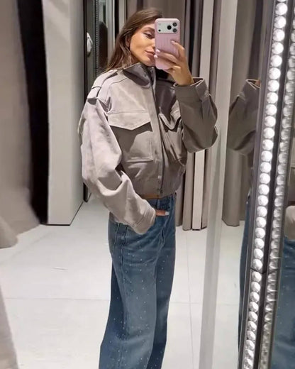 SOKYND Ava Suede Cropped Stand Collar Jacket JacketSOKYND-822167-GRE-M-49463GreyM
