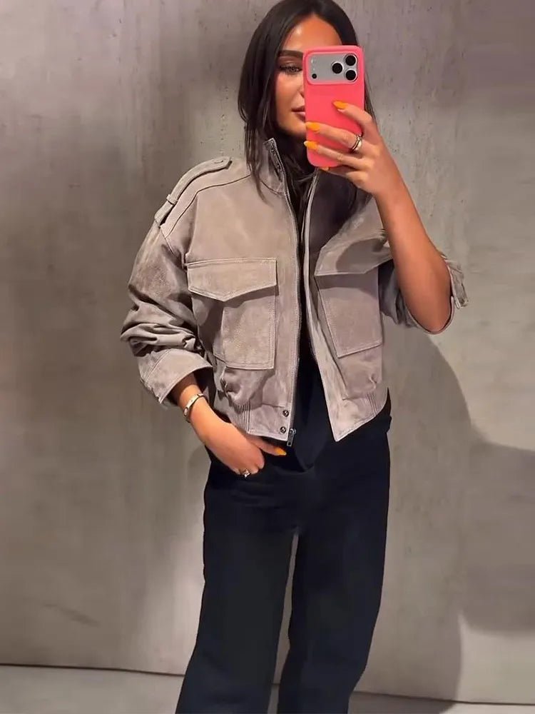 SOKYND Ava Suede Cropped Stand Collar Jacket JacketSOKYND-822167-GRE-M-49463GreyM