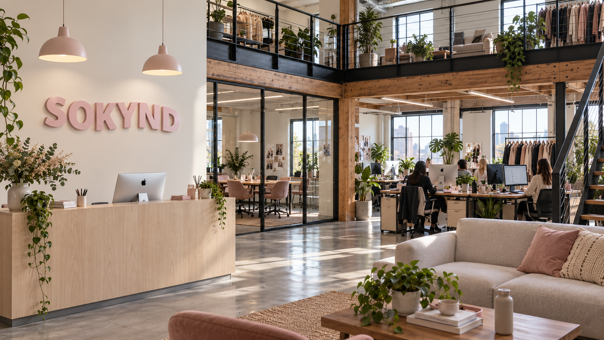 SOKYND office reception with the official wall logo and an open-plan fashion workspace