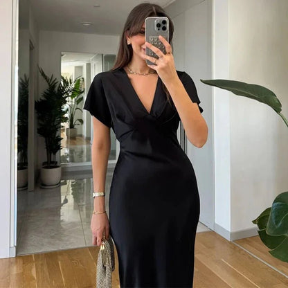SOKYND Carina V Neck Satin Midi Dress DressesSOKYND-745879-PIN-XS-84247PinkXS