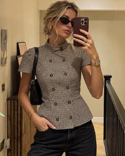 SOKYND Carla High Neck Plaid Fitted Blouse BlouseSOKYND-114967-GRE-XS-42839GreyXS