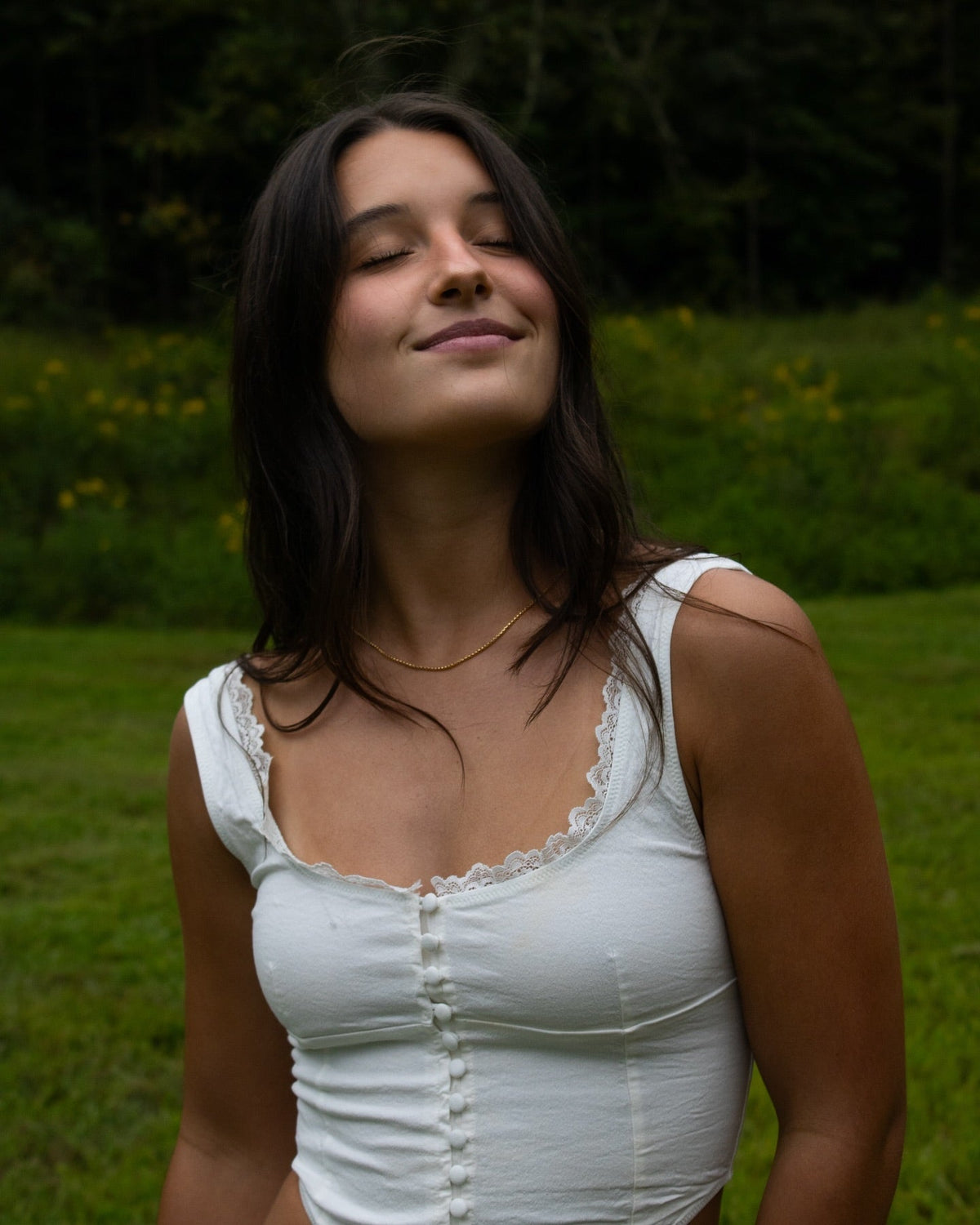 SOKYND Carmen Lace Trim Strappy Button Top TopsWhiteM
