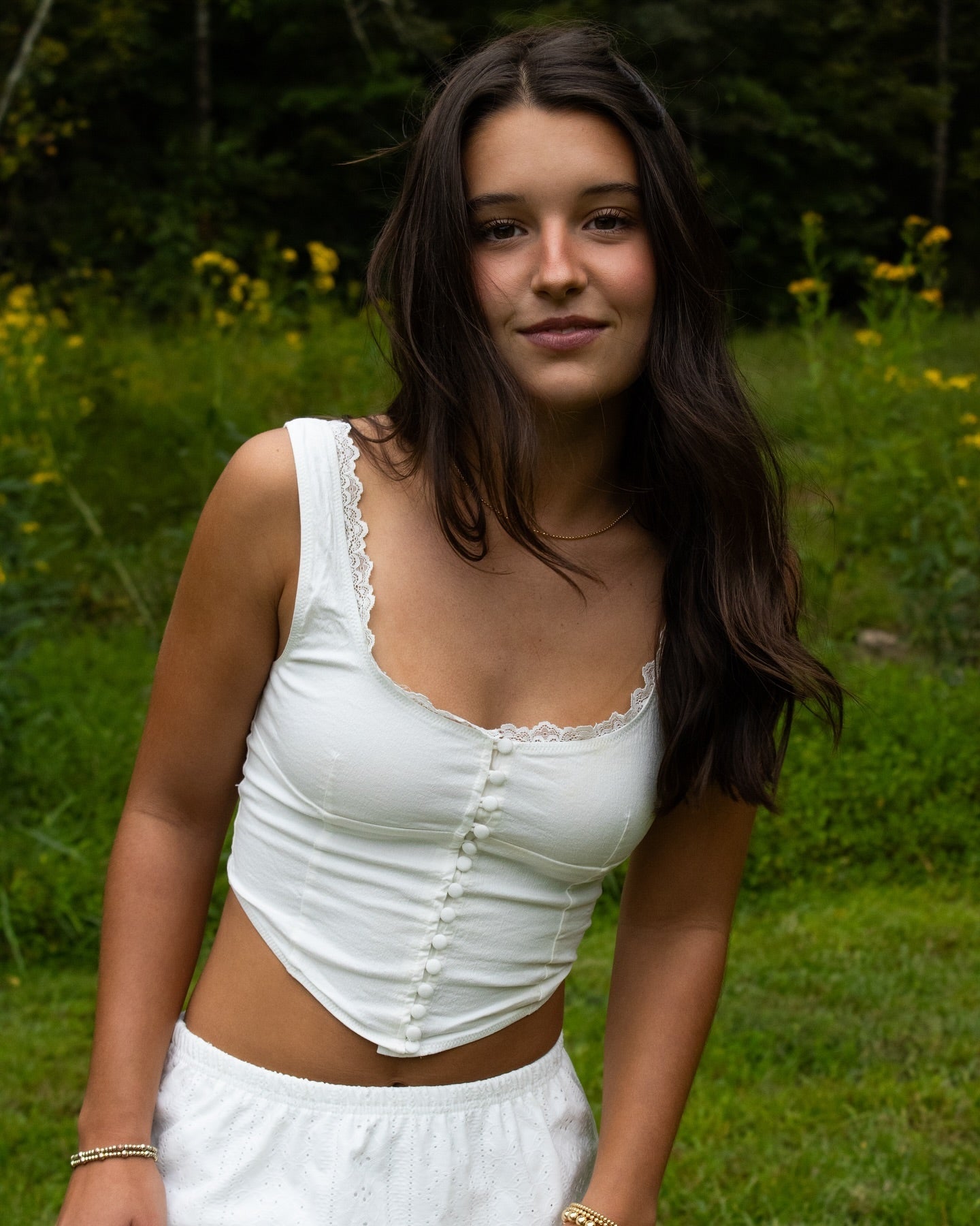 SOKYND Carmen Lace Trim Strappy Button Top TopsWhiteS