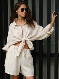 Adaline Lapel Lantern Sleeve Shorts Set
