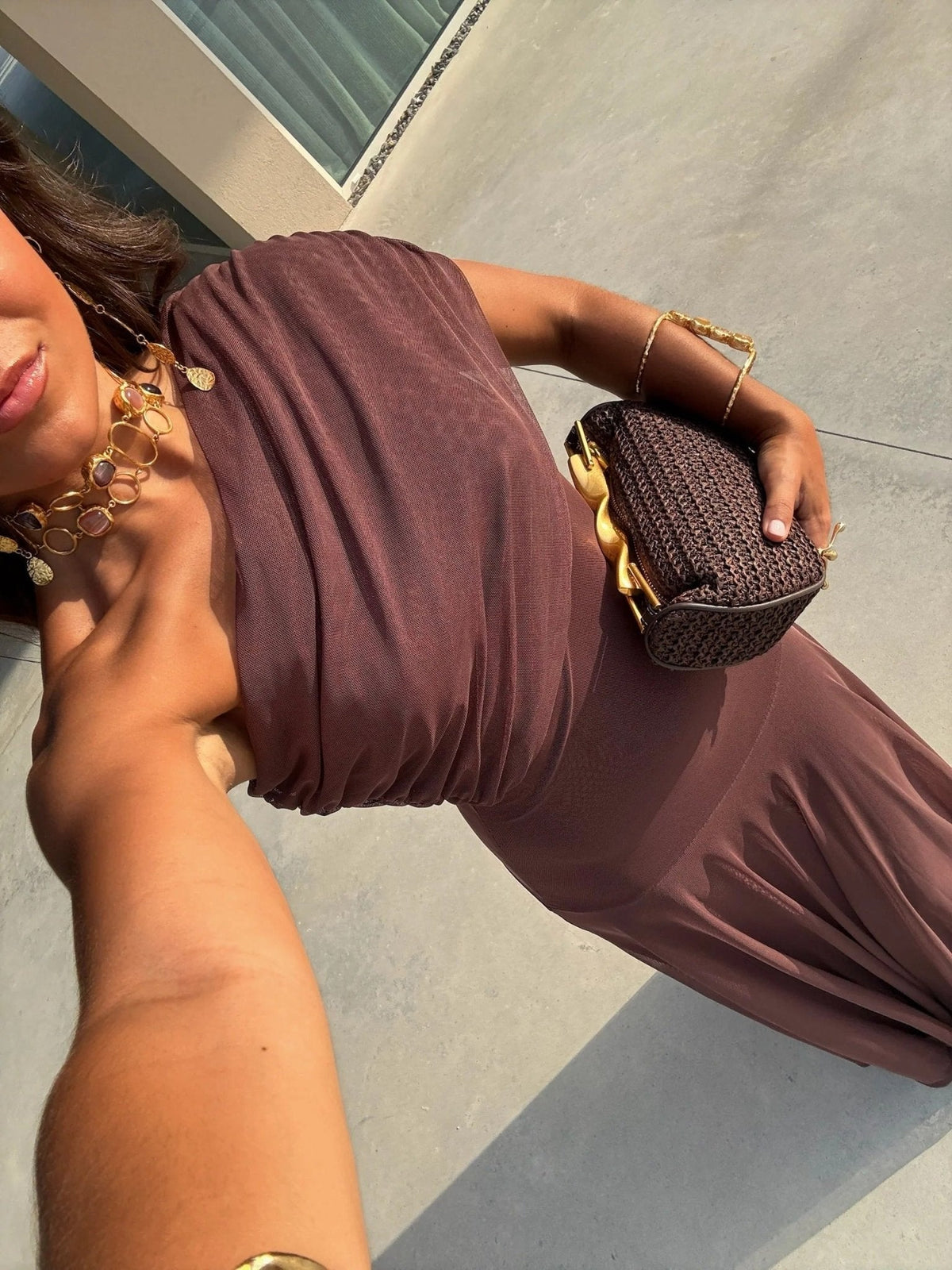 SOKYND Celeste Off-Shoulder Ruched Maxi Dress DressBrownS