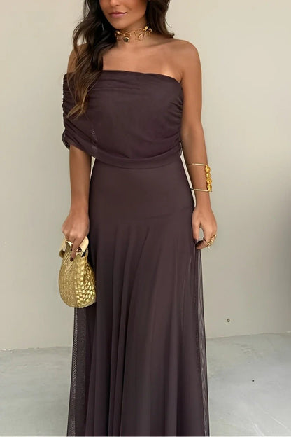 SOKYND Celeste Off-Shoulder Ruched Maxi Dress DressBrownS