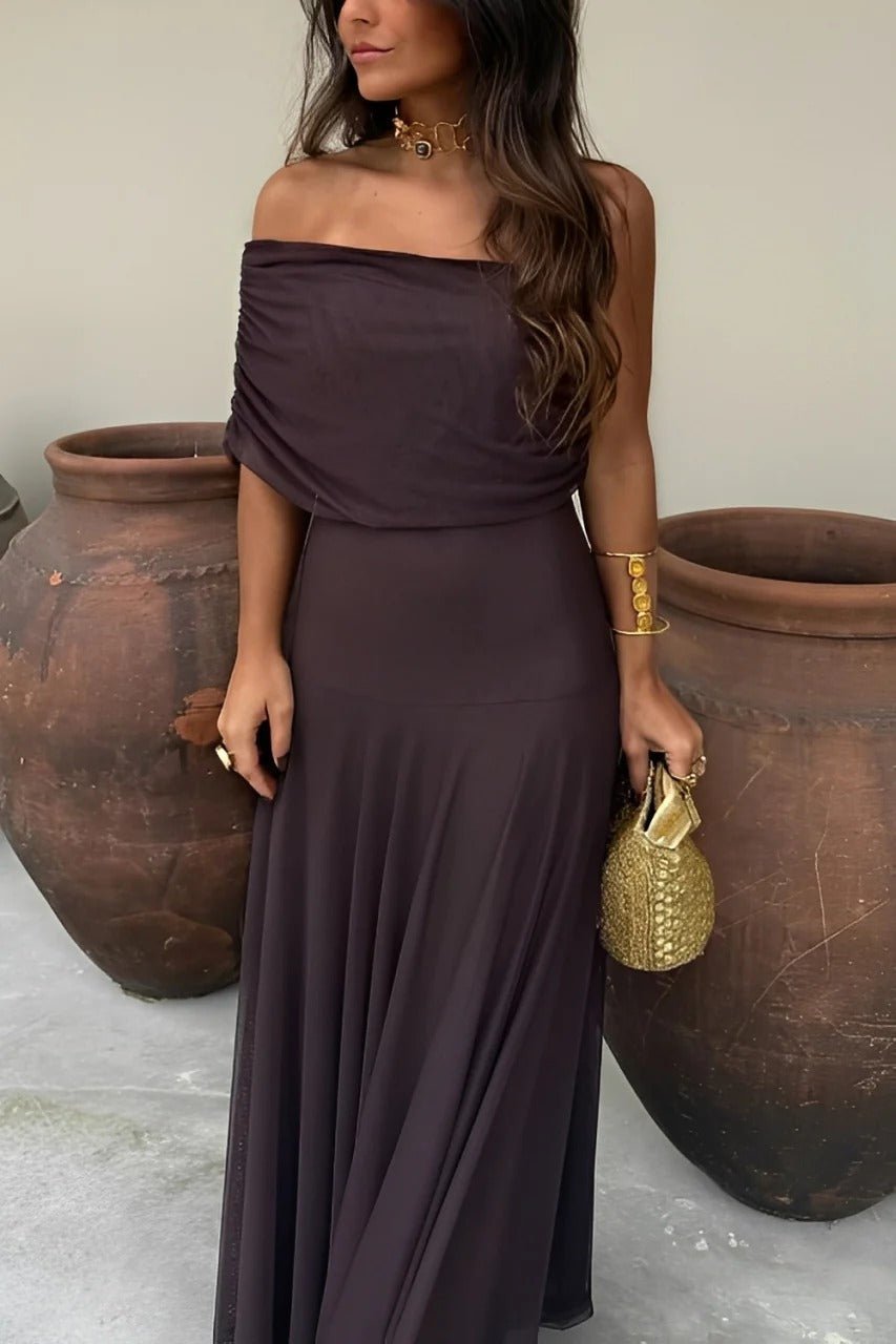 SOKYND Celeste Off-Shoulder Ruched Maxi Dress DressBrownS