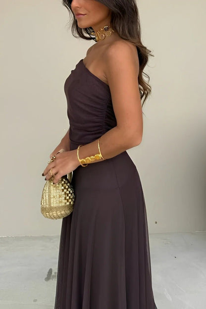 SOKYND Celeste Off-Shoulder Ruched Maxi Dress DressBrownS