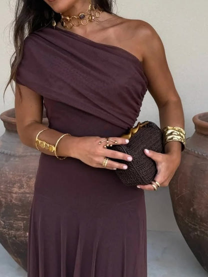 SOKYND Celeste Off-Shoulder Ruched Maxi Dress DressBrownS