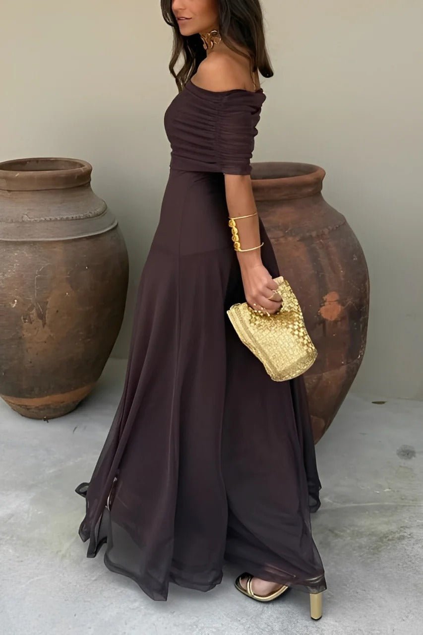 SOKYND Celeste Off-Shoulder Ruched Maxi Dress DressBrownS