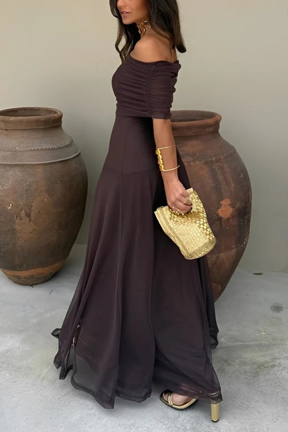 SOKYND Celeste Off-Shoulder Ruched Maxi Dress DressBrownS