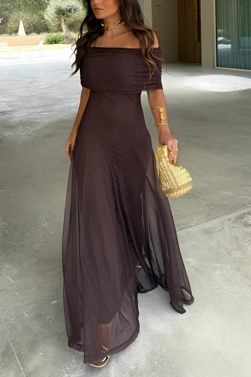 SOKYND Celeste Off-Shoulder Ruched Maxi Dress DressBrownS