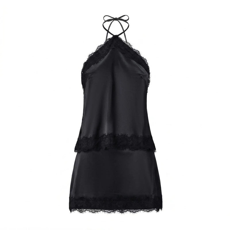 SOKYND Celeste Satin Lace Halter Cami and Mini Skirt Set JumpsuitBlackS