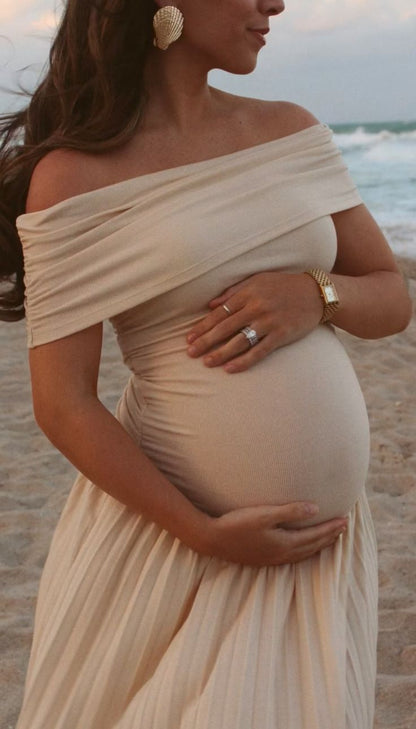 SOKYND Delilah Flowy Off - Shoulder Maternity Dress DressBeigeXS