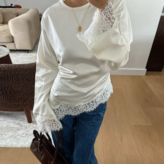 SOKYND Elara Asymmetrical Long Sleeve Lace Hem Top Tops1005011565176581-;RQ1772479400689700649WhiteS