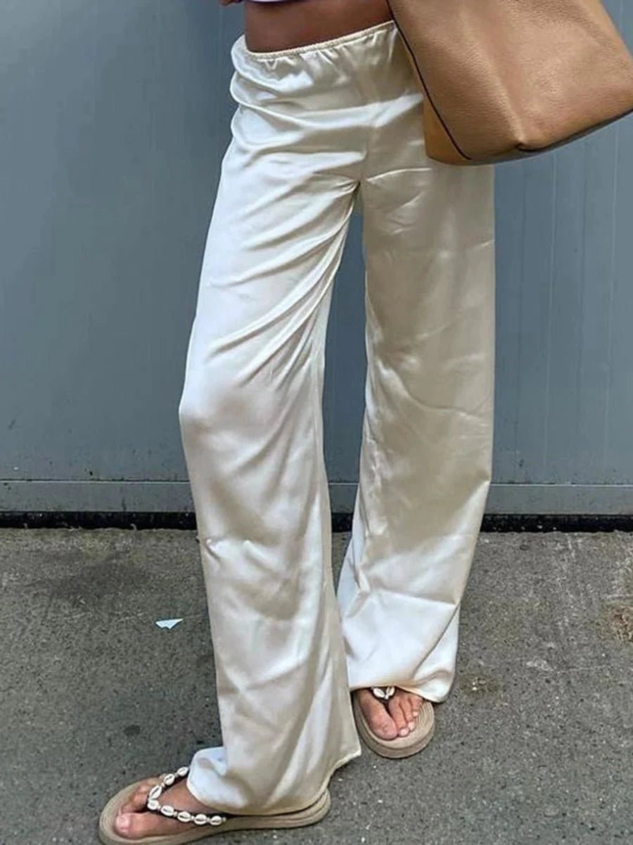 SOKYND Elena Wide Leg Satin Trousers PantsIvoryS