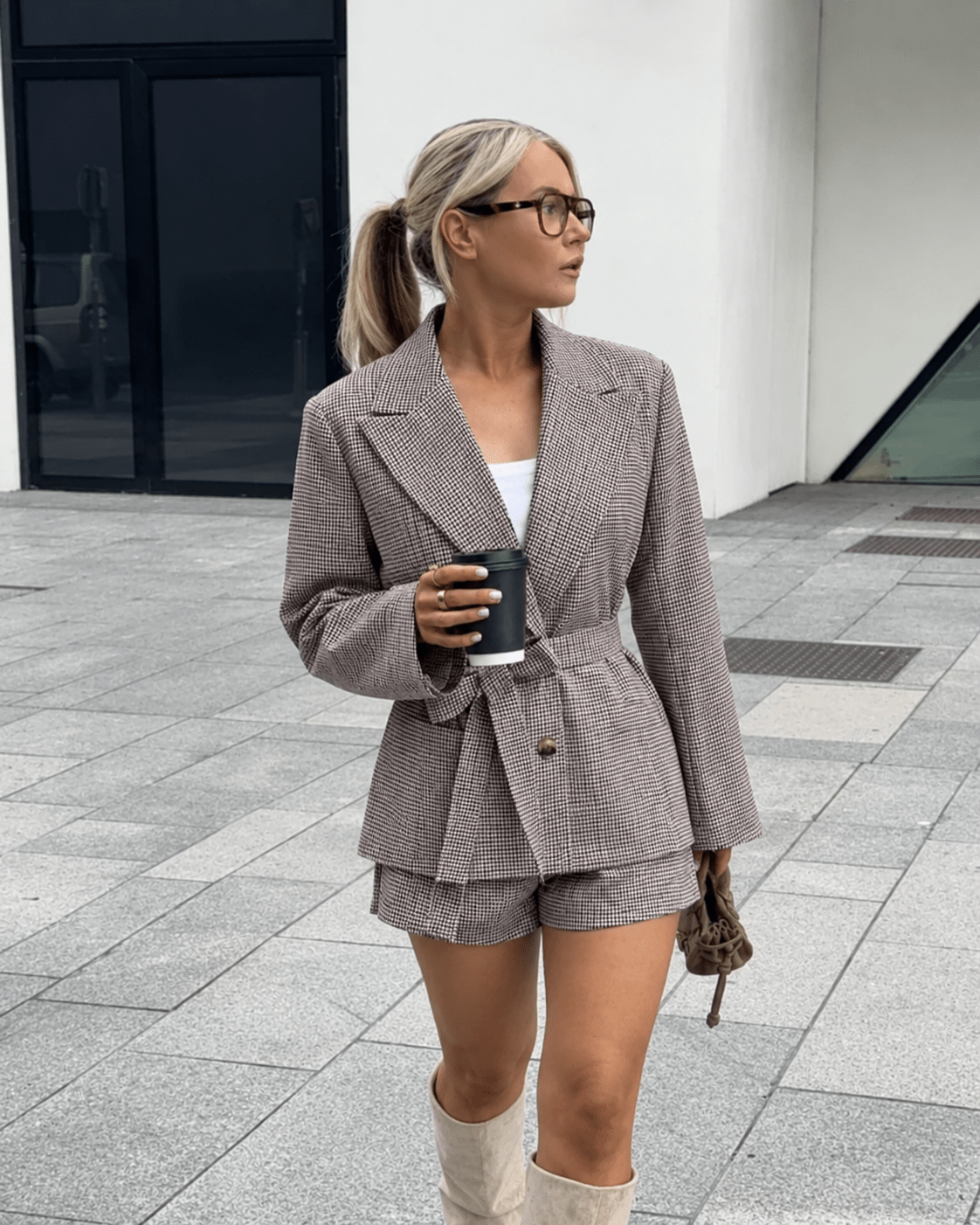SOKYND Elma Houndstooth Belted Shorts Suit