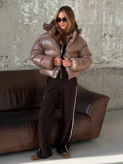 SOKYND Fiona Hooded Glossy Puffer Jacket JacketSOKYND-344727-BRO-M-95095BrownM