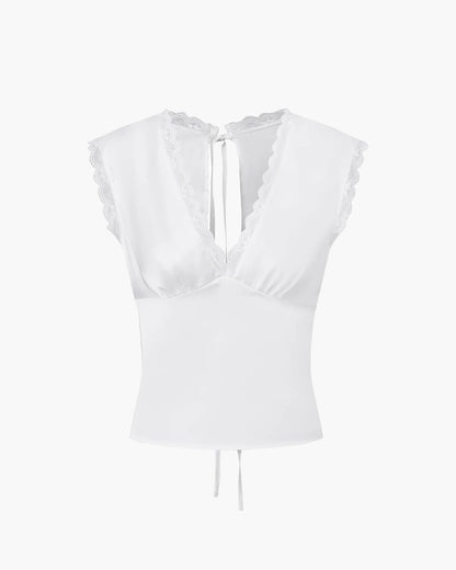 SOKYND Francine Deep Neck Satin Top TopsBp1772777205907190563WhiteXL