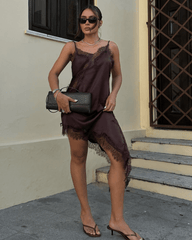 Gemma abito midi asimmetrico in raso con pizzo