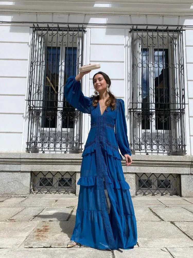 SOKYND Gemma Deep V - Neck Ruffle Maxi Dress DressNavy BlueM