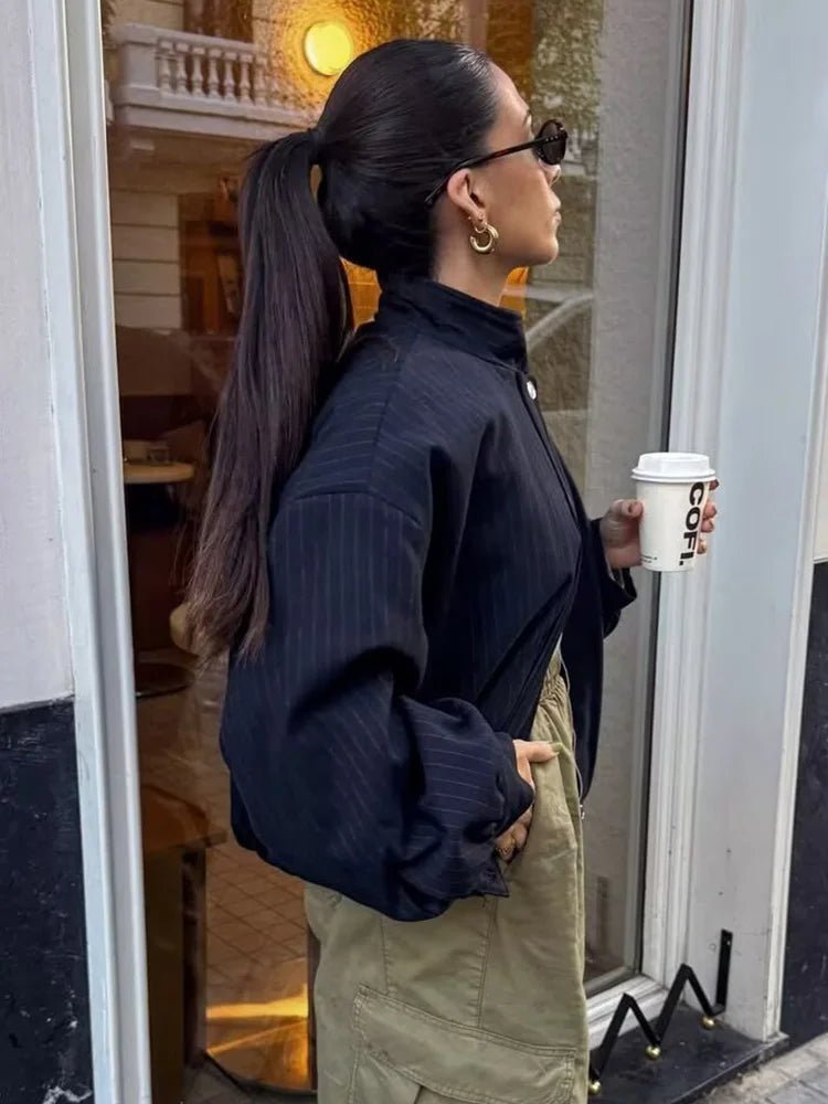 SOKYND Honora Pinstripe Bomber Jacket Coats & JacketsSOKYND-104343-DAR-XS-95031Dark Blue StripeXS