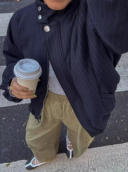 SOKYND Honora Pinstripe Bomber Jacket Coats & JacketsSOKYND-104343-DAR-XS-95031Dark Blue StripeXS