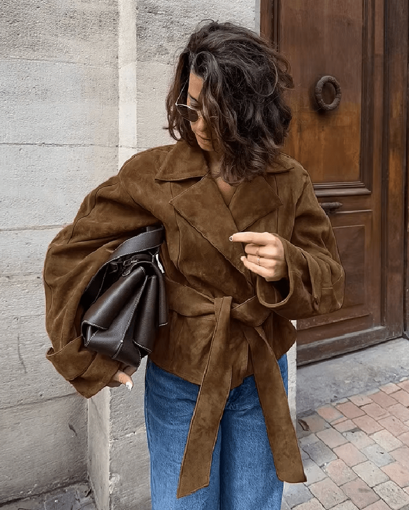 SOKYND Joanna Faux Suede Belted Wrap Jacket JacketSOKYND-270231-BRO-M-90455BrownM