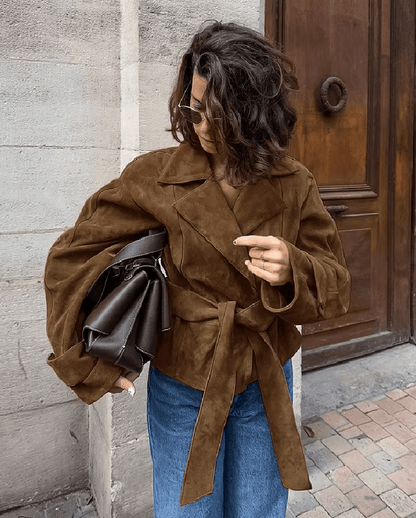 SOKYND Joanna Faux Suede Belted Wrap Jacket JacketSOKYND-270231-BRO-M-90455BrownM