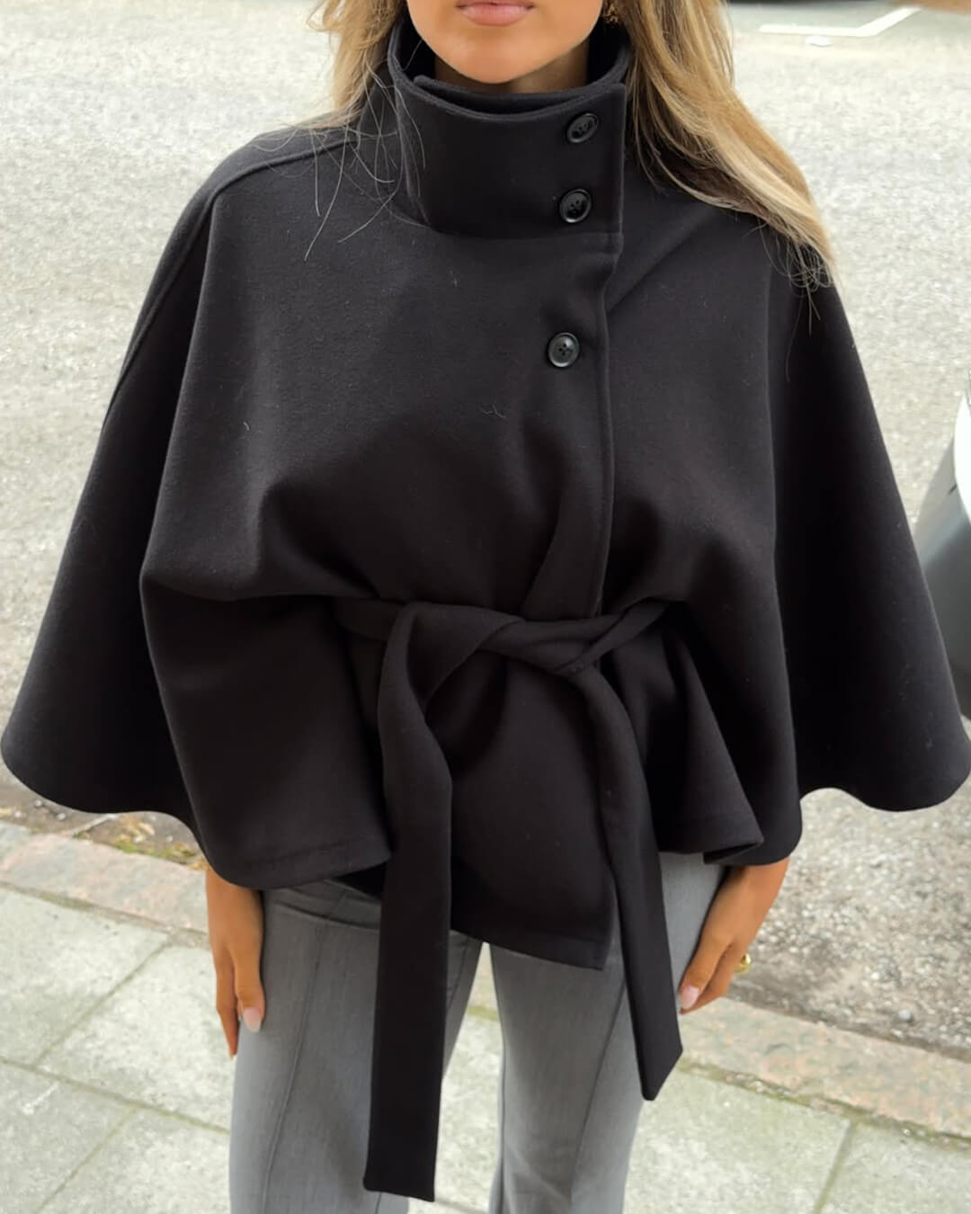 SOKYND Jocelyn Elegant High - Neck Belted Cape Jacket Coats & JacketsBp1767625273839335952BlackS