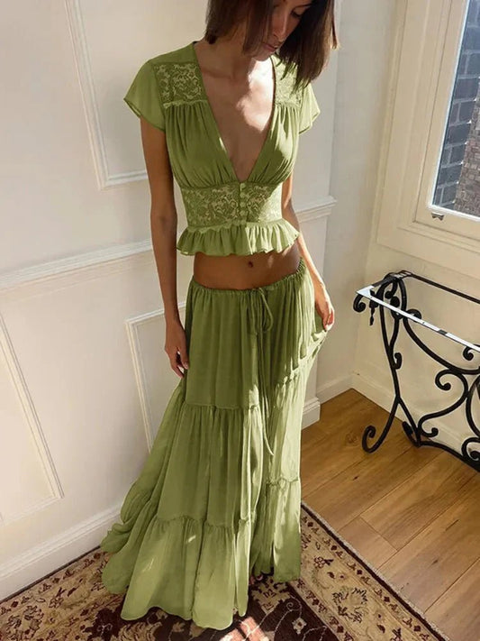 SOKYND Juliana Lace Chiffon Set Matching SetsGreenXS