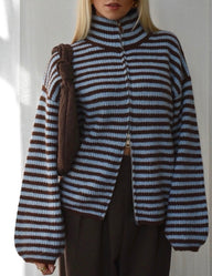 Kate Striped Mock Neck Knit Cardigan