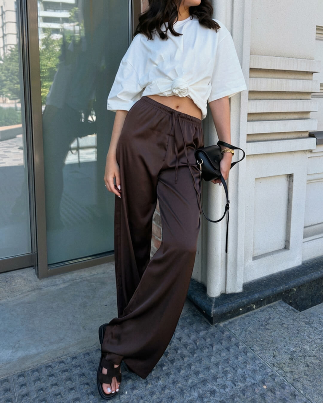 SOKYND Keith High Waist Satin Wide Leg Trousers TrouserskL1774219786667577051BrownM