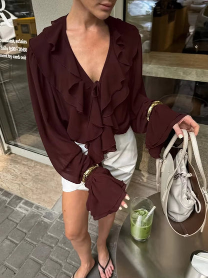 SOKYND Kelly Tie Neck Ruffled Blouse BlouseSOKYND-287383-BUR-S-97623BurgundyS