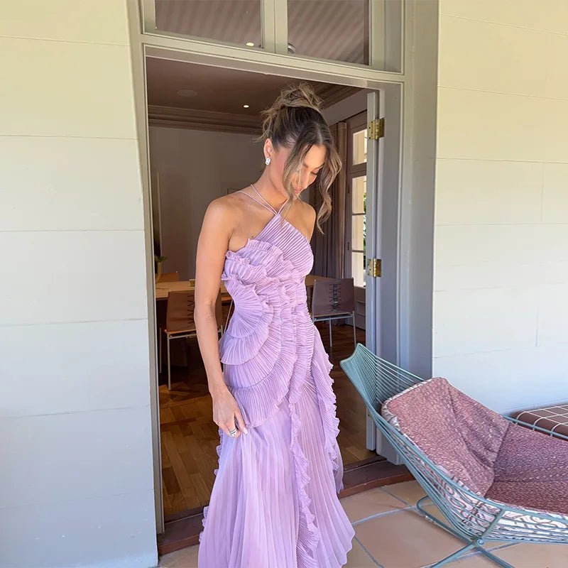 SOKYND Kris Halter Strap Ruffled Tule Dress in Purple