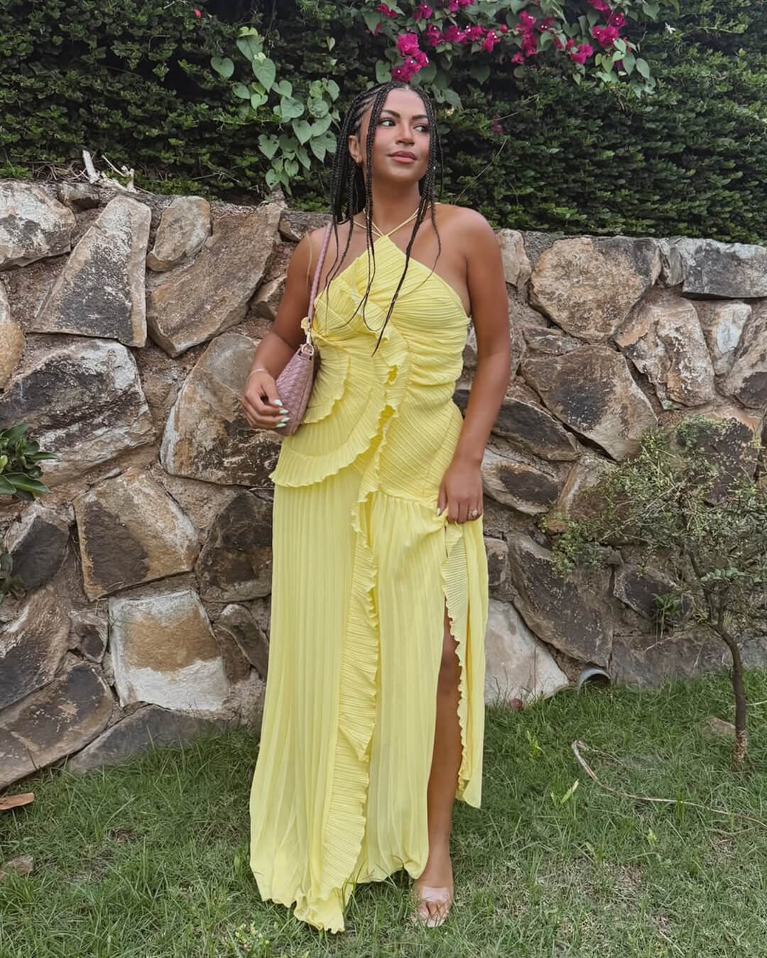 SOKYND Kris Halter Strap Ruffled Tule Dress in Yellow